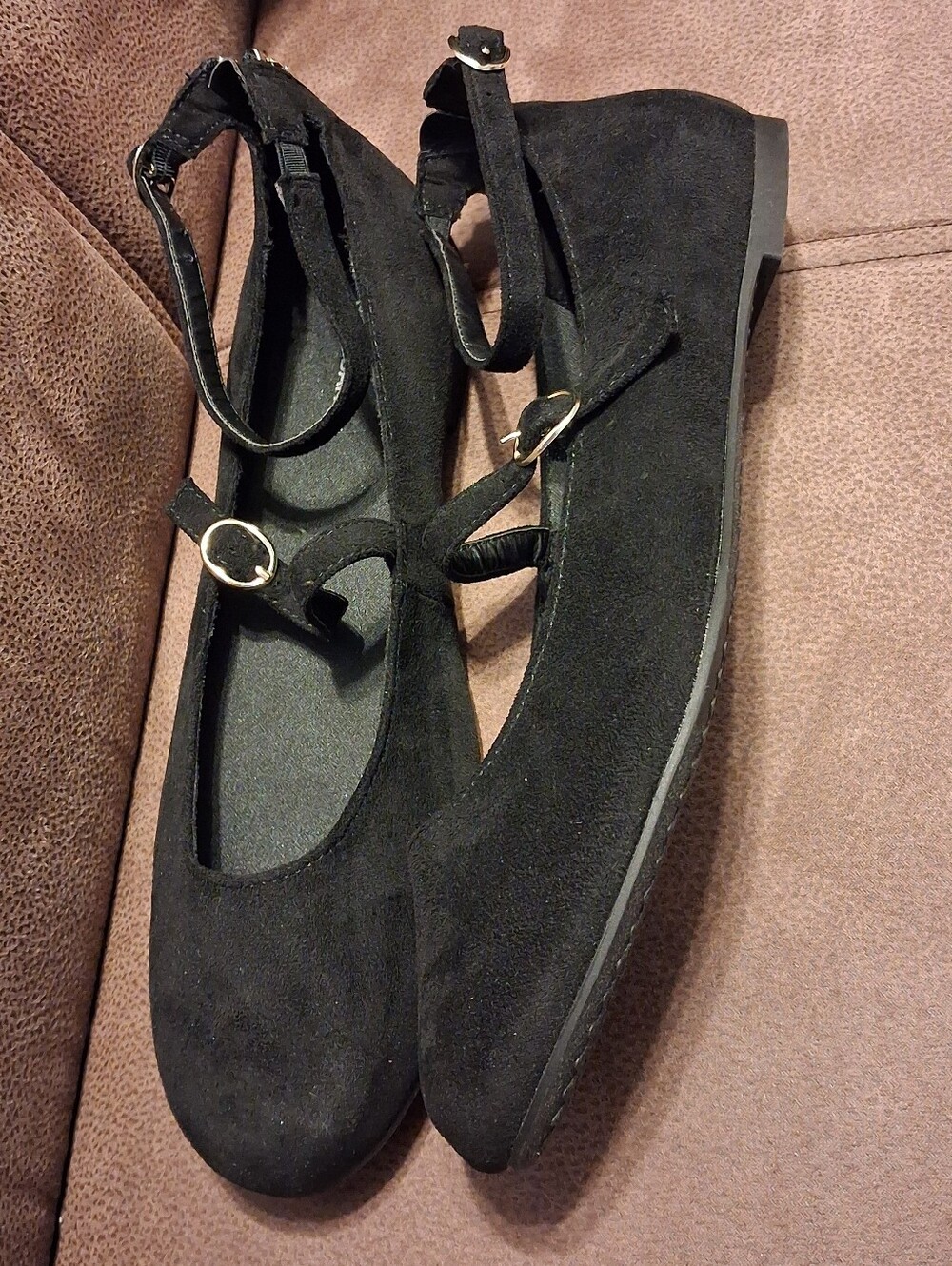 No Boundaries Black Faux Suede Mary Jane Ankle-Strap Gold Zip Back Flats Size 10